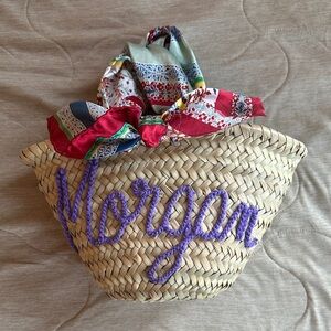 Small Woven Straw Bag with Colorful Scarf and Embroidered Name “Morgan”